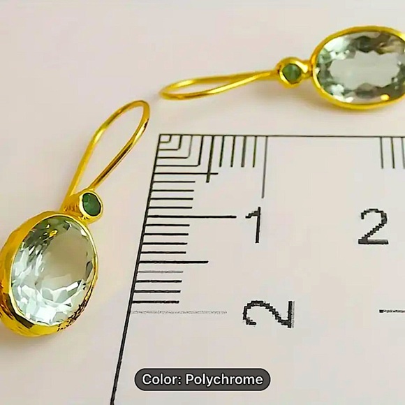 Green Amethyst Gold Plated Dangle Earrings Natural Gem Gemstone Jewelry - Picture 6 of 6